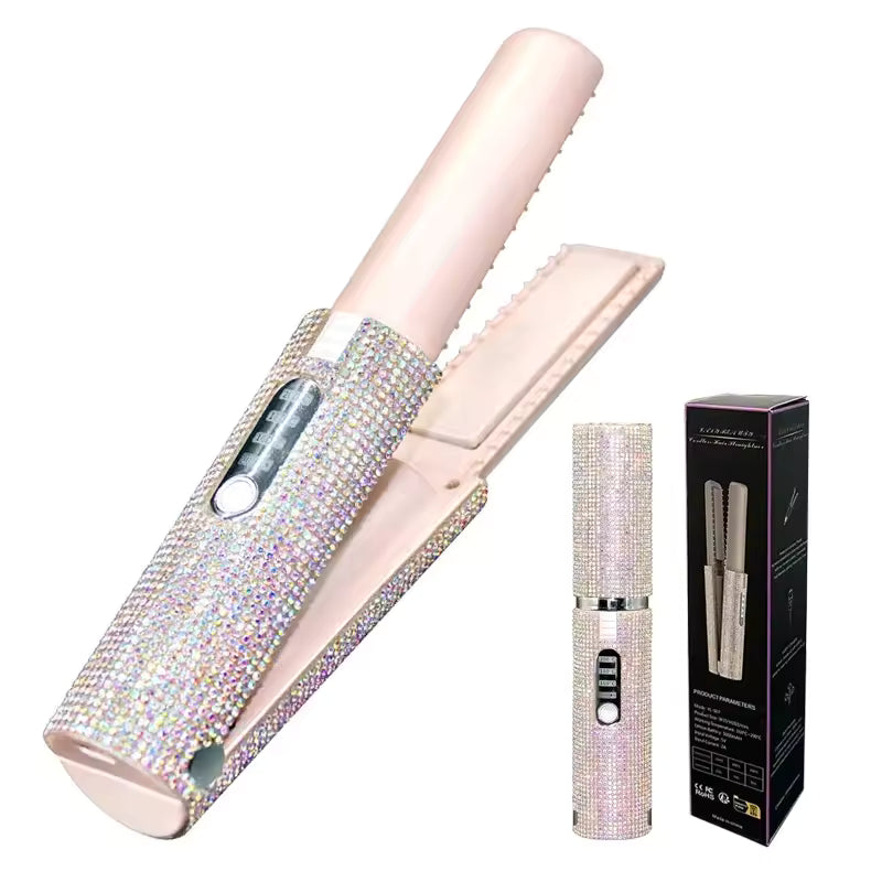 2-in-1 Wireless USB Hair Straightener & Curler — Portable Travel Styling Brush with Fashion Diamond Design | Rechargeable Ceramic Hot Comb for Smooth, Shiny Hair