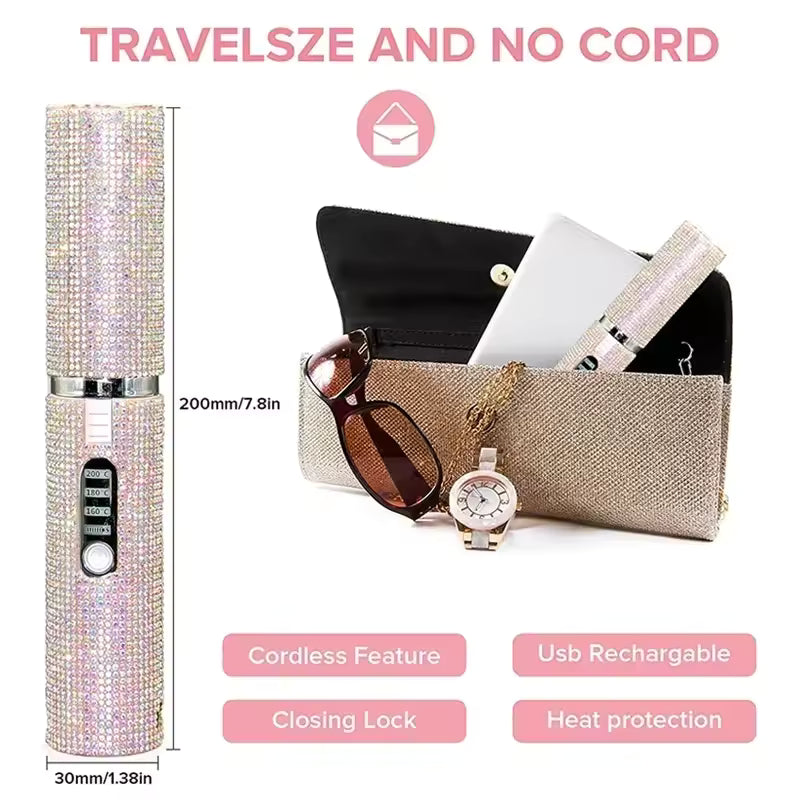 2-in-1 Wireless USB Hair Straightener & Curler — Portable Travel Styling Brush with Fashion Diamond Design | Rechargeable Ceramic Hot Comb for Smooth, Shiny Hair