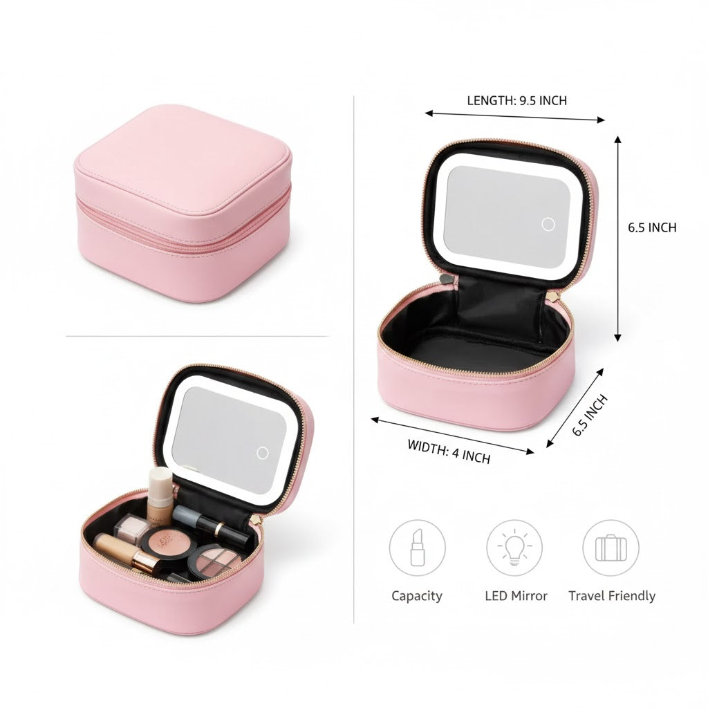 Rechargeable Travel Makeup Bag with LED Lighted Mirror — Portable Touch-Screen Cosmetic Organizer with 3 Light Modes | Tabletop Vanity Case for Travel &amp; Daily Use